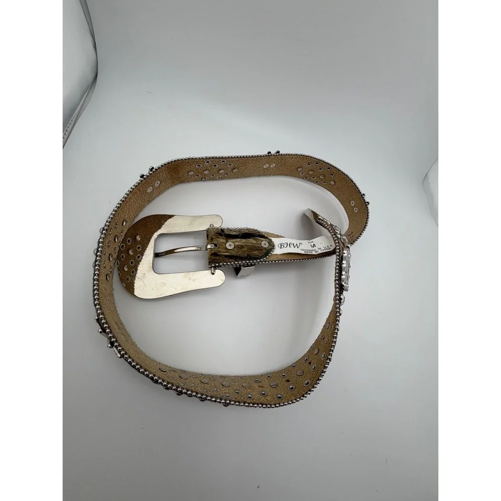 BHW Western Camo Hair on‎ Hide Rhinestone Studded Belt Silver Buckle Size M